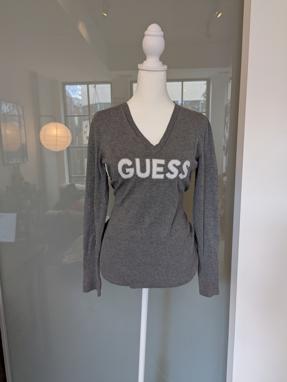 GUESS Women's Gray V-Neck Logo Sweater